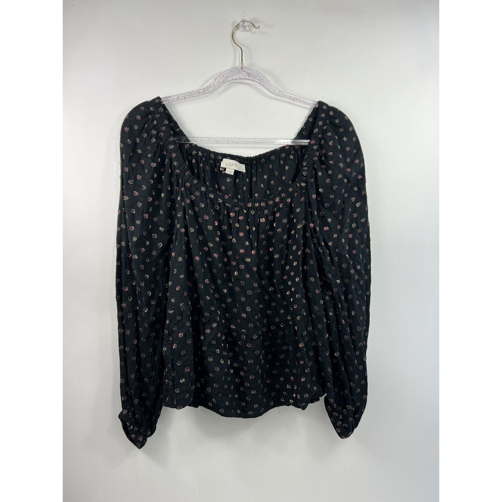 Ann Taylor‎ Loft Blouse Black Polka Dots Off Shoulder Long Sleeve Womens Size S